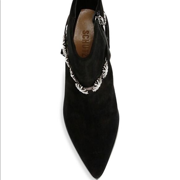 Schutz Teia Embellished Harness Suede Black Ankle Boots Size 6.5 - Picture 5 of 16